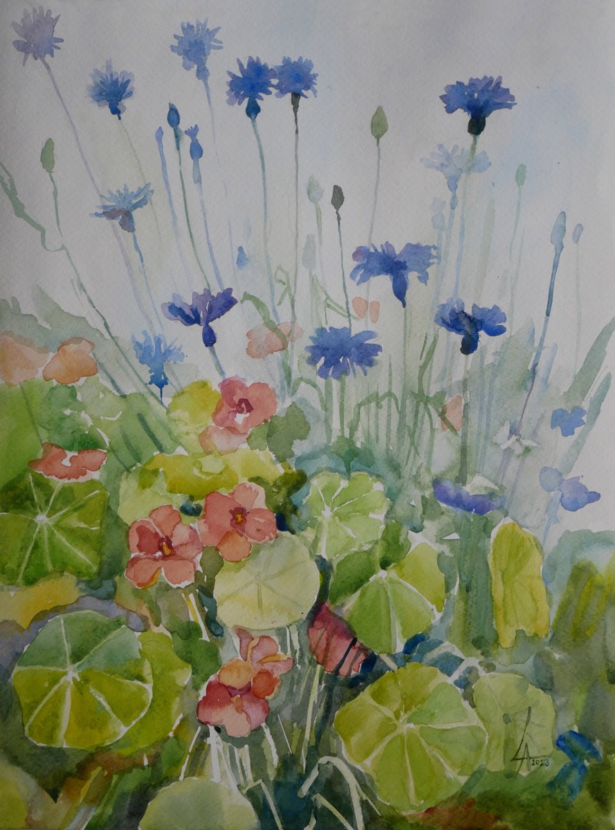 Impressionistic Botanical Watercolour By Elena Lykhodid, 12 X 16, Flowerbed In Gothenburg, Original Artwork