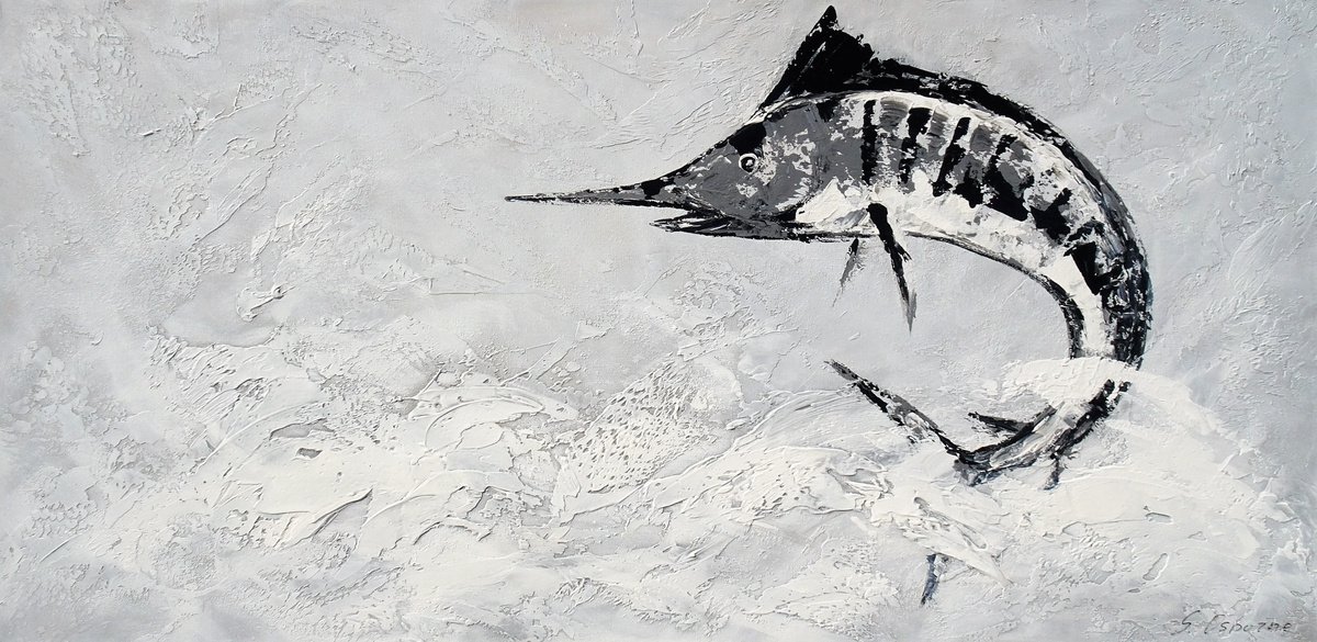 OCEAN SURPRISE II. Large Gray Abstract Painting of Fish Jumping out of the Water by Sveta Osborne
