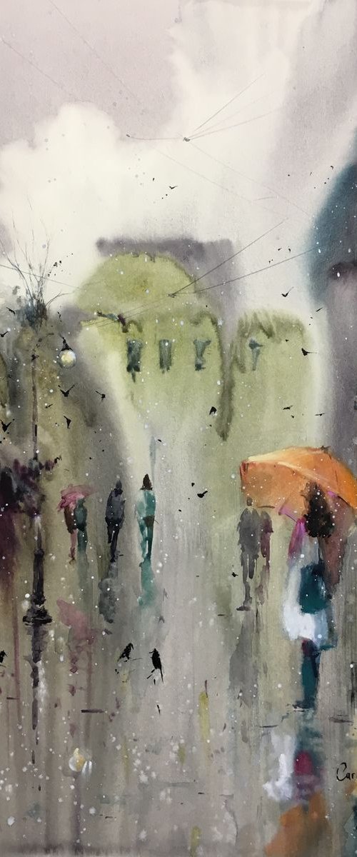 Watercolor "Cityscene with rain” by Iulia Carchelan