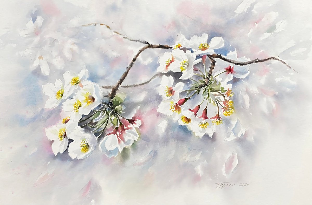 Illustrative Botanical Watercolour By Natalia Butenko, 20 X 14", Whisper Of Petals, Blossoms, Apples, Original Artwork
