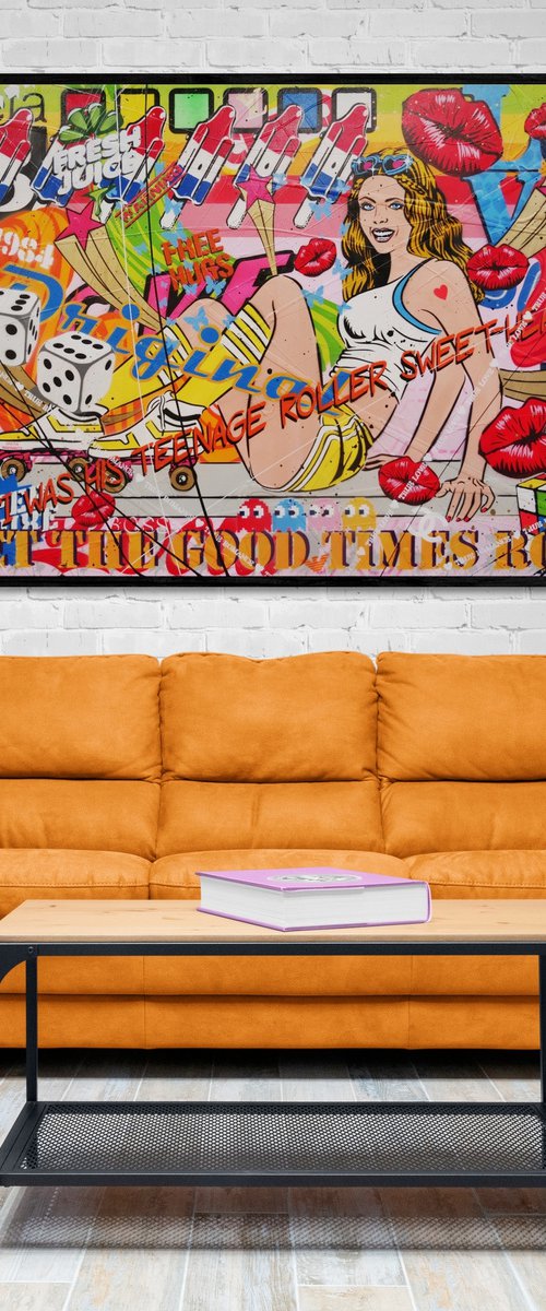 Let The Good Times Roll 140cm x 100cm Roller Skate Girl Textured Urban Pop Art by Franko