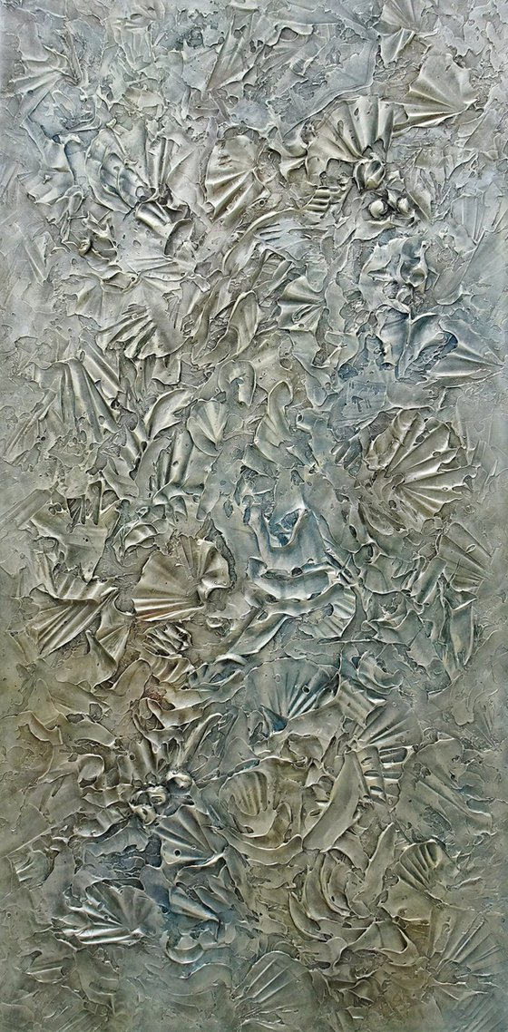 COASTAL MEMORIES. Abstract Sea Shells and Fossils Vertical Painting with Dimensions