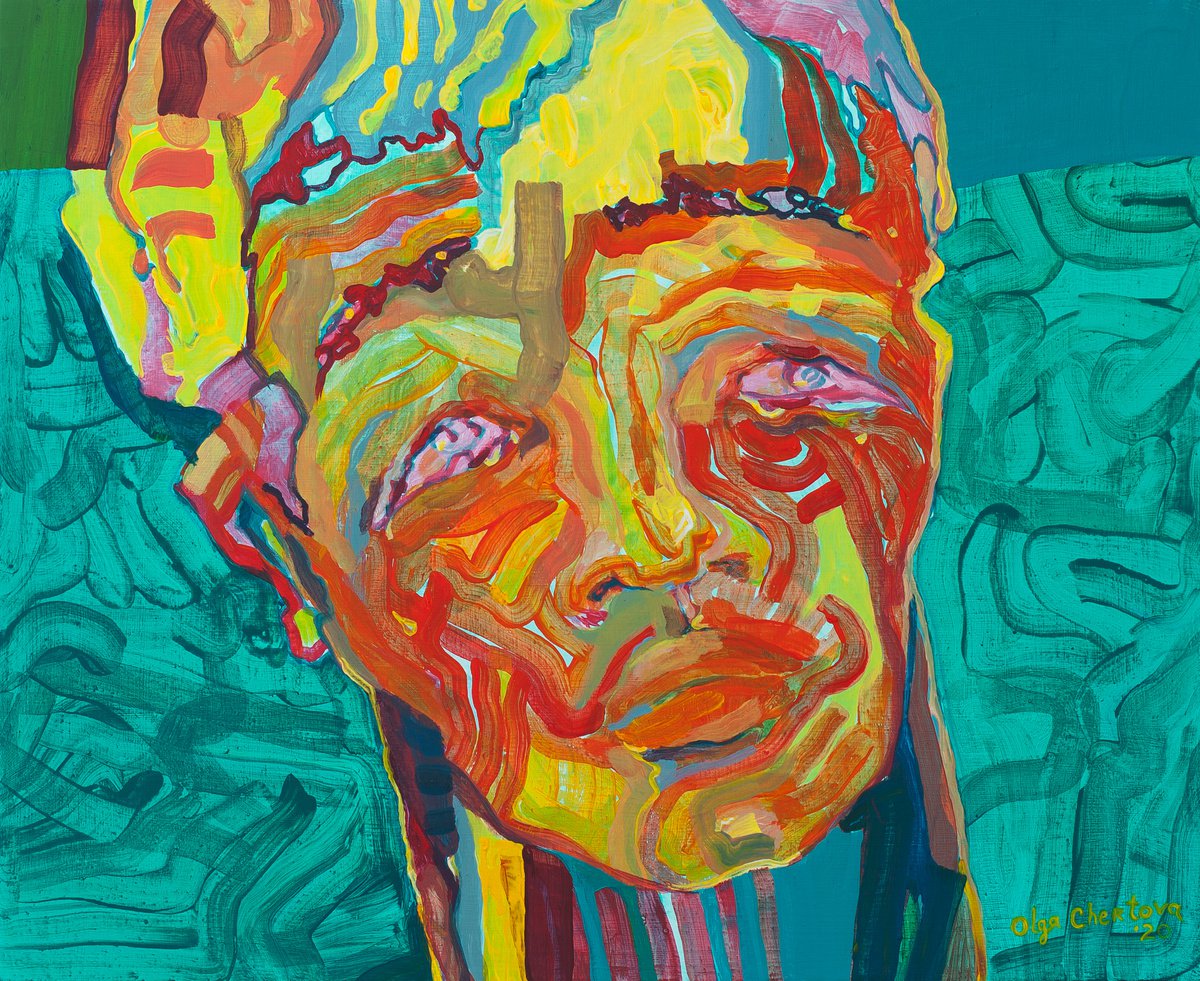 beautiful face green portrait painting emotional figurative acrylic abstract wall art by Olga Chertova