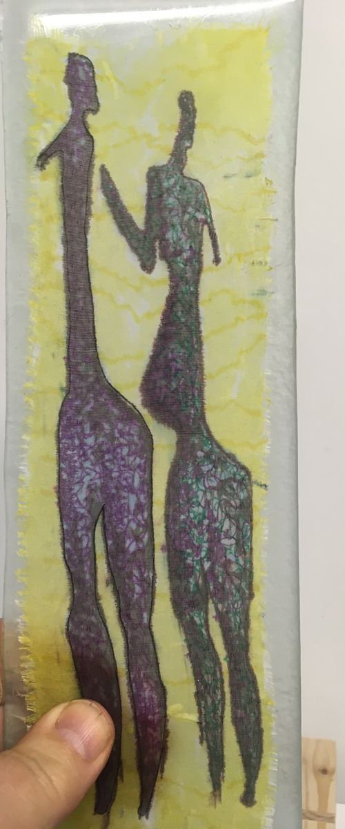 Rock couple - glass-mounted translucent silk drawing - ready to display - window sculpture by Tony Roberts