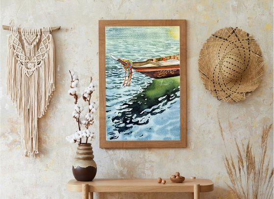 Traditional thai boat - original seascape watercolor reflection