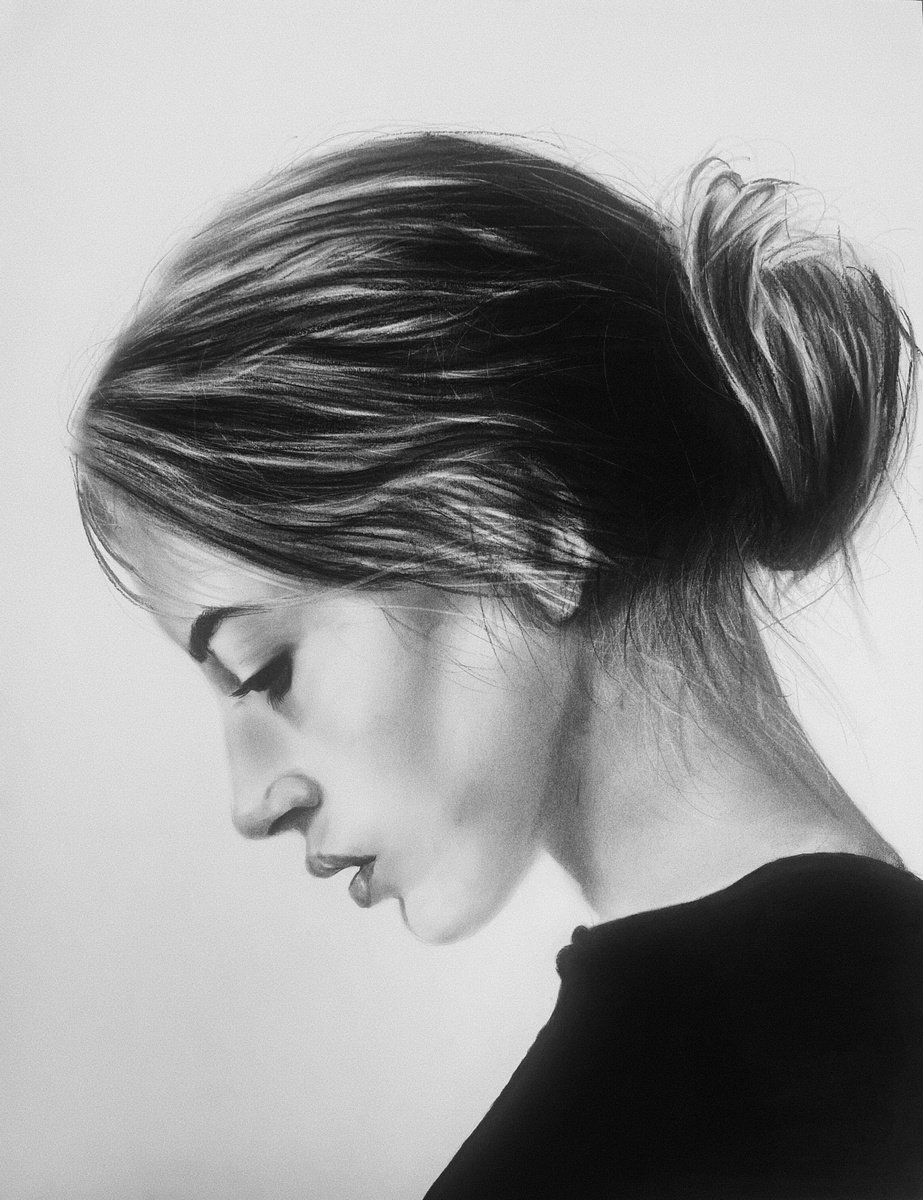 Photorealistic Portrait Charcoal Drawing By Denny Stoekenbroek, 20 X 26, Quiet Reflection, Original Artwork