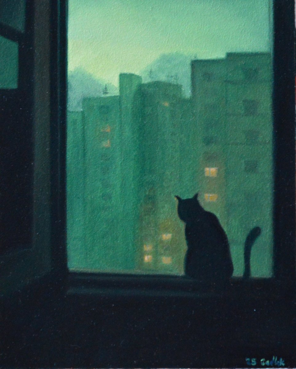 Urban And Pop Animal Oil Painting By Roman Sedlak, 9 X 12", Evening Watch, Original Artwork