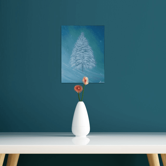 "Frozen". Frozen tree/ northern lights painting by Zoe Adams.