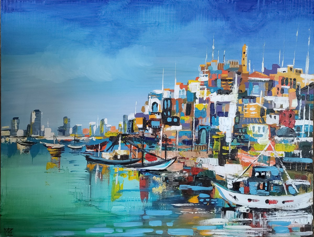Impressionistic Landscape Acrylic Painting By Maria Kireev, 39 X 30", See View Of The Port Of Jaffa, Tel Aviv, Original Artwork