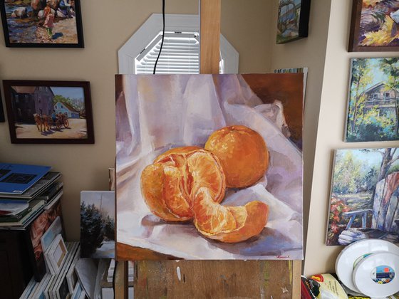 Two mandarines #2, original, one of a kind, impressionistic style still life painting (20x20x2'')