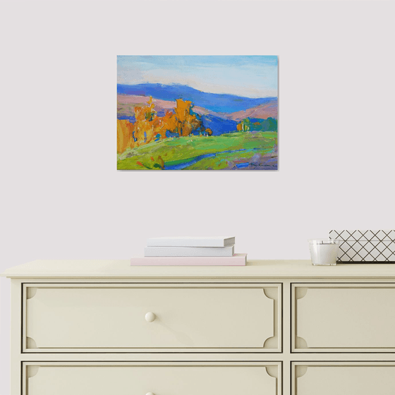 Warm days | Mountain landscape | Orange and blue | Original oil painting