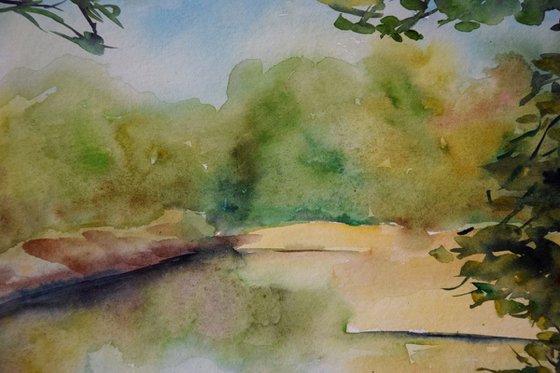 Spring sunny forest lake watercolor painting