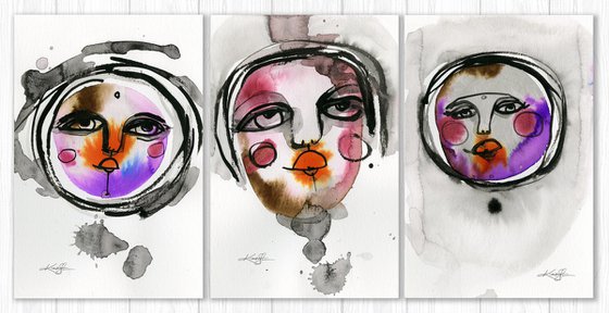 Funky Face Pizzazz Collection 2 - 3 Abstract Face Paintings by Kathy Morton Stanion