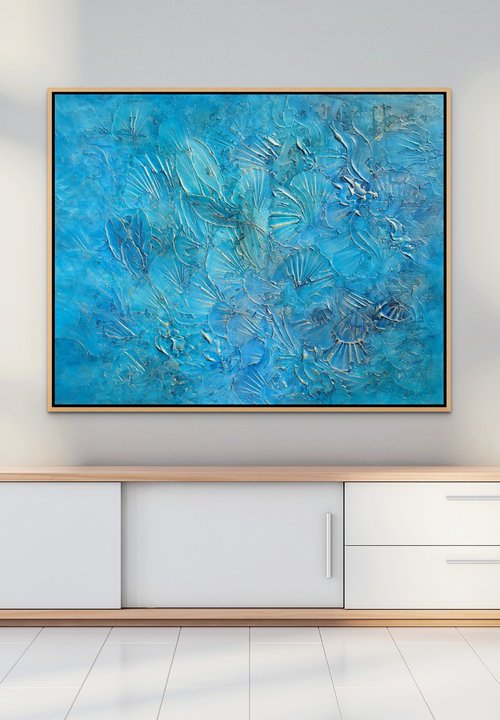 TROPICAL VIBES. Abstract Blue, Teal, Turquoise, Gold Textured Coastal Large Painting by Sveta Osborne