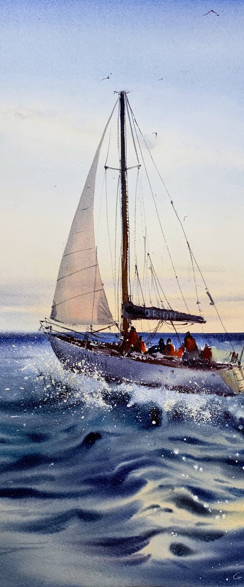 Yacht on the waves #2 by Eugenia Gorbacheva