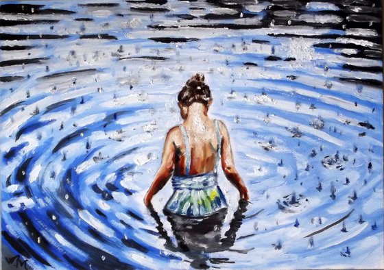 RAINY LAKE GIRL - Childhood Remembrance - Thick oil painting - 42x29.5cm