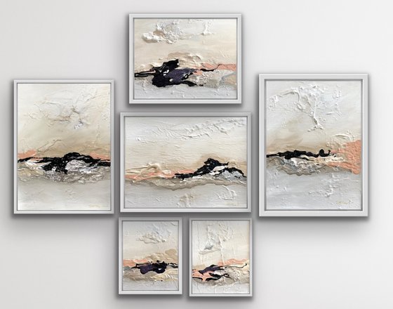 Poetic Landscape II- Peach , White, Black - Composition 6 paintings framed - Wall Art Ready to hang