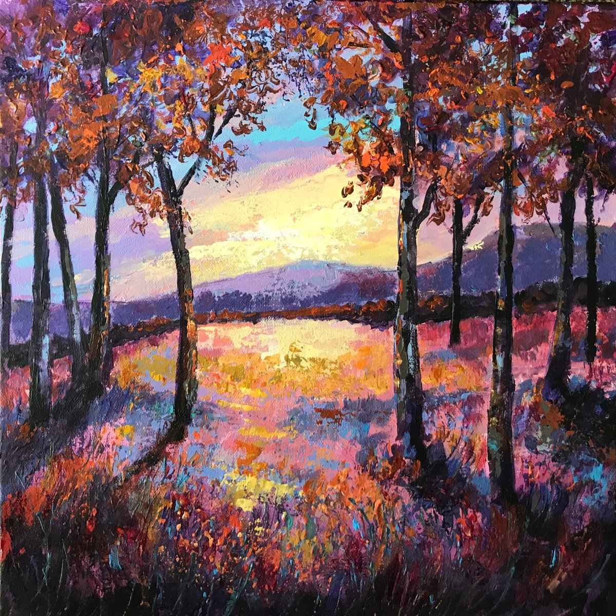 Impressionistic Landscape Acrylic Painting By Colette Baumback, 16 X 16, Evening Sky 2, Original Artwork