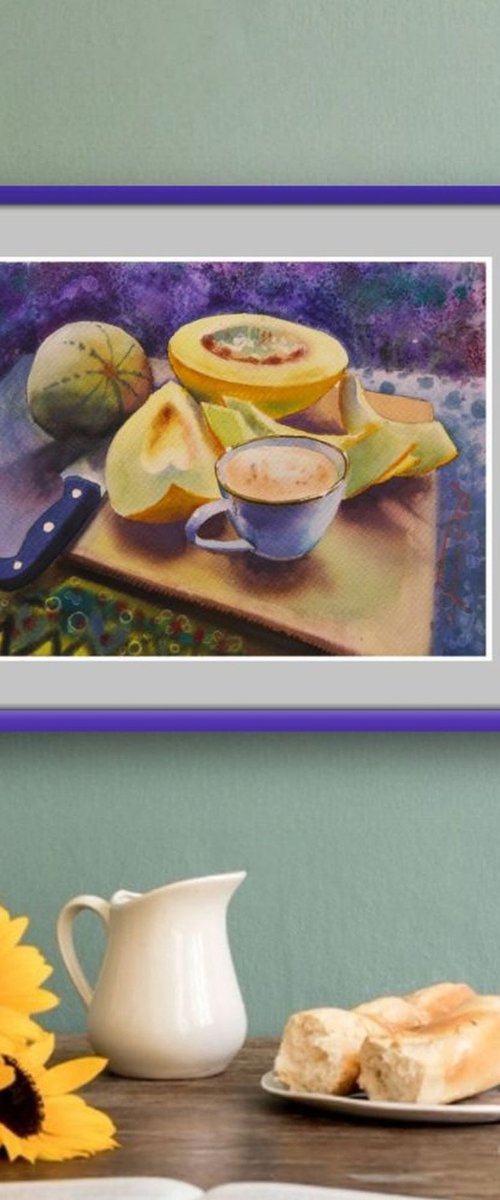 Melon and Cappuccino Still  Life Watercolor Painting by Ion Sheremet