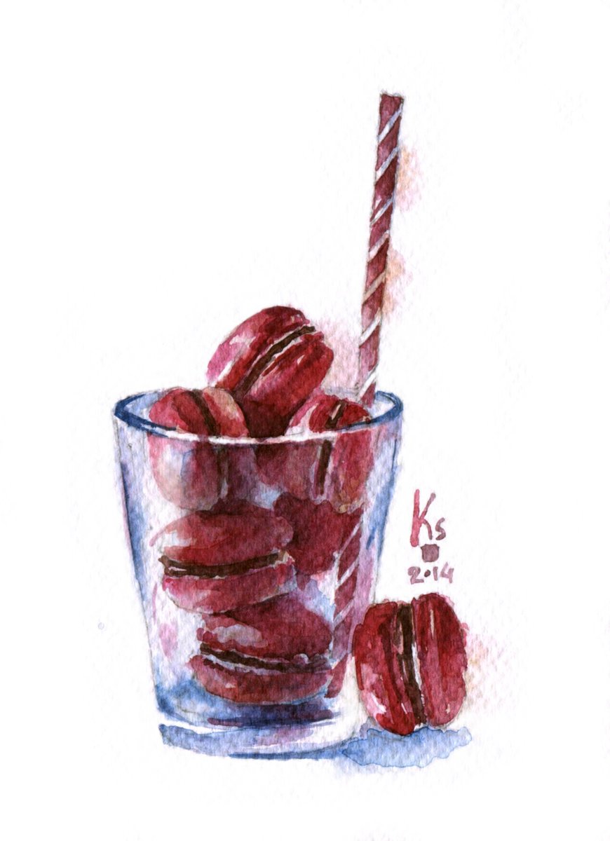Glass with red macaroons watercolor food illustration by Ksenia Selianko