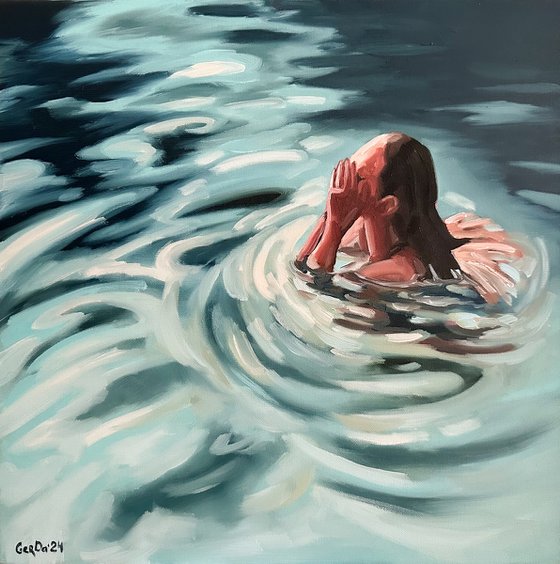 Swimming in Lake - Swimmer Woman in Water Painting