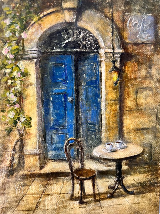 Old Blue Door of a Cozy Café