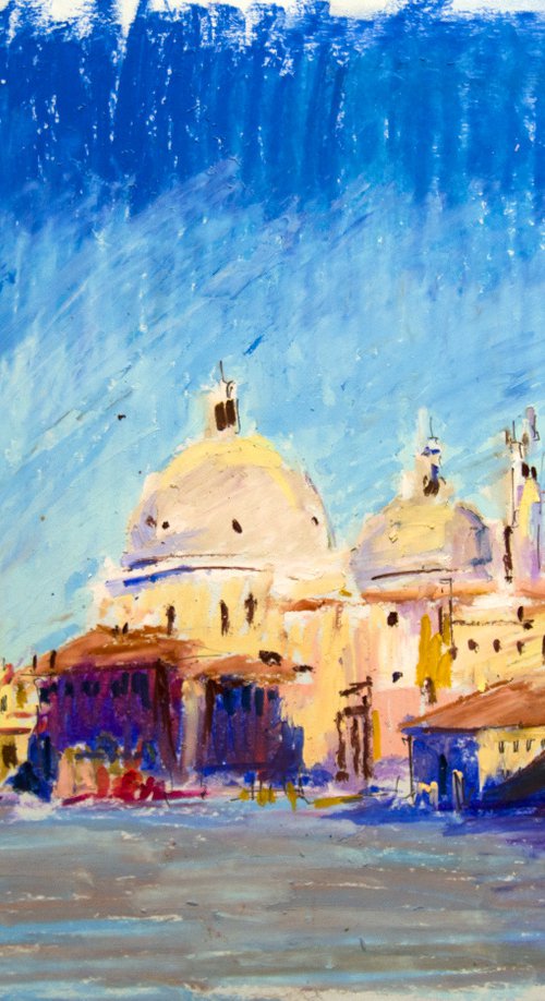 Venice in a morning light. Dreams about Italy series. Oil pastel painting. Original venice italy old town tower urban street landscape interior decor small canal blue sea by Sasha Romm