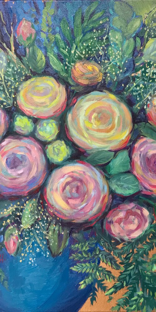 Flowers in the blue vase by Nataliia Zaharuk