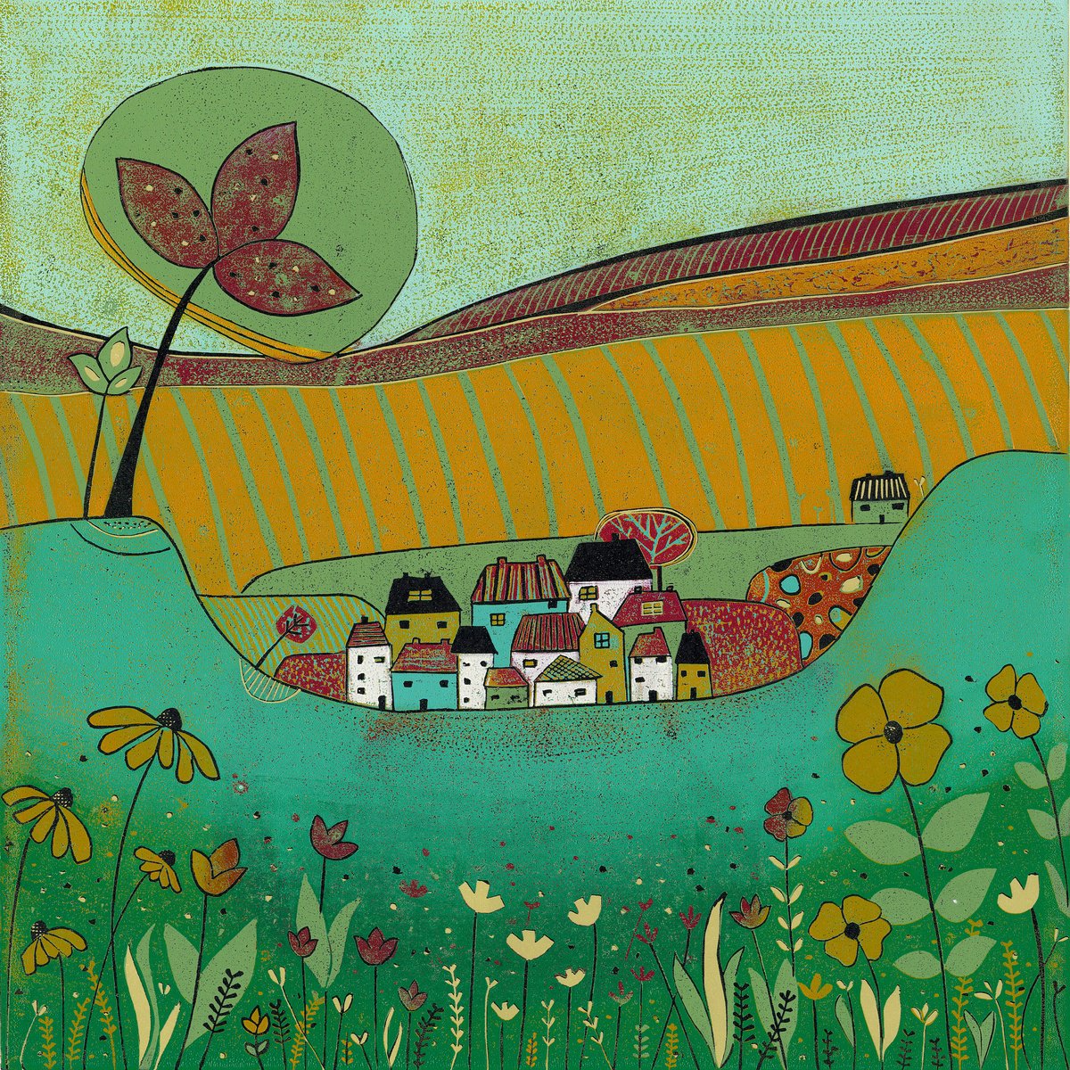 Graphic Landscape Linocut By Layla Khani (Aka Laylart), 15 X 15", Spring In Bloom Linocut, Original Artwork