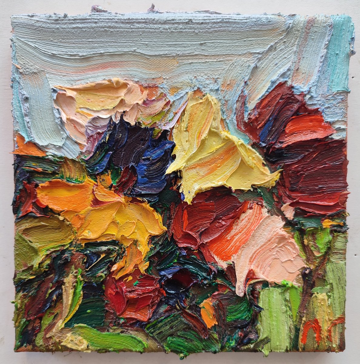 Impressionistic Botanical Oil Painting By Pavel Guliaev, 8 X 8", Flowers, Original Artwork