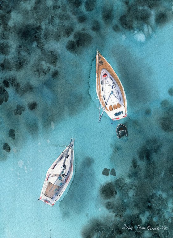 Sailing boats in the ocean top view original painting watercolor artwork turquoise colors living room decor bedroom wall art gift for sea lovers gift for him