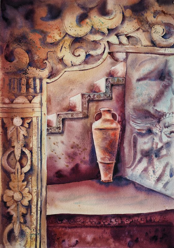 Hidden gem in Bali - architectural original watercolor