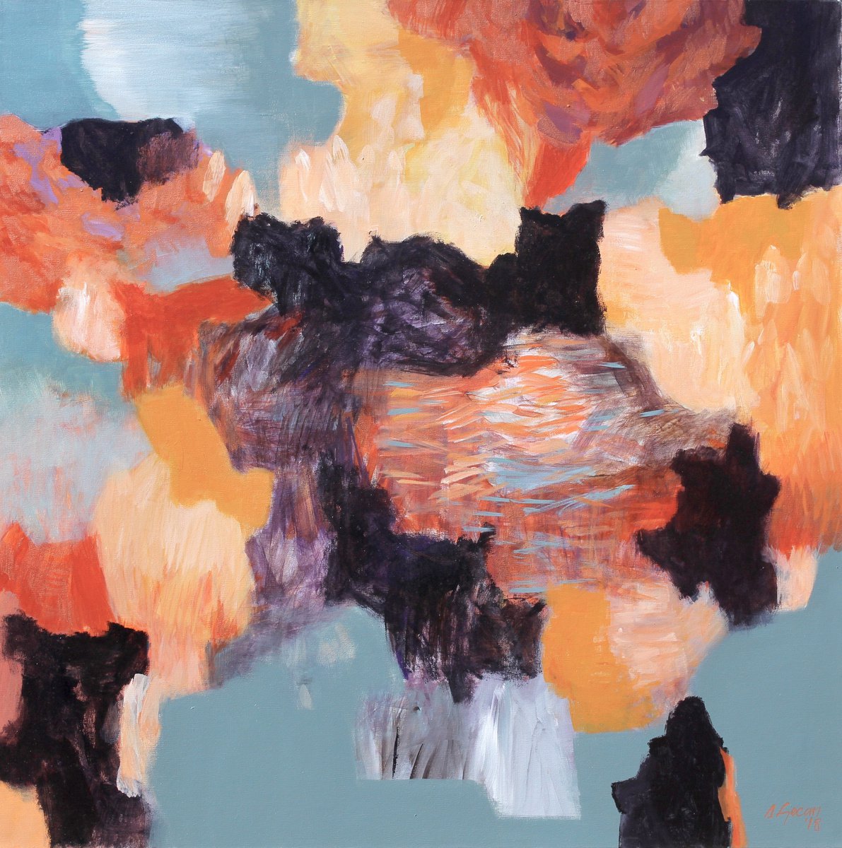 Abstract Acrylic Painting By Simona Gocan, 36 X 36", Composition. Grey And Copper, Original Artwork