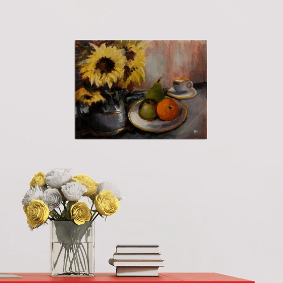 Still life with Sunflowers and fruit
