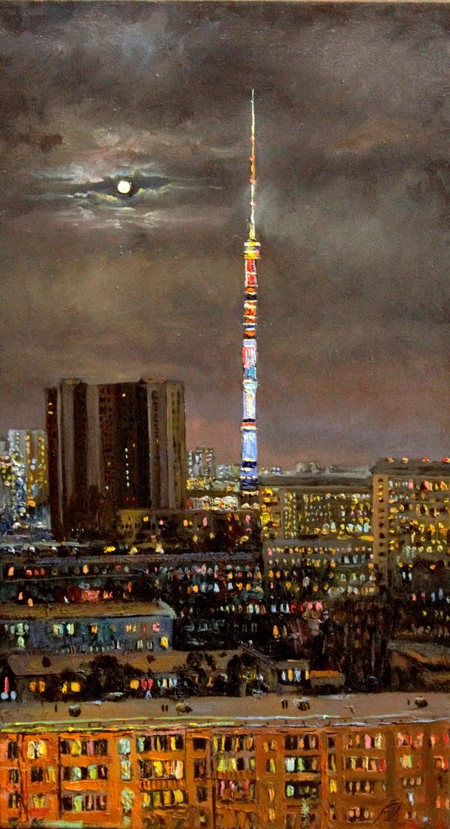 Moscow TV tower. Full moon night landscape by Dmitry Revyakin