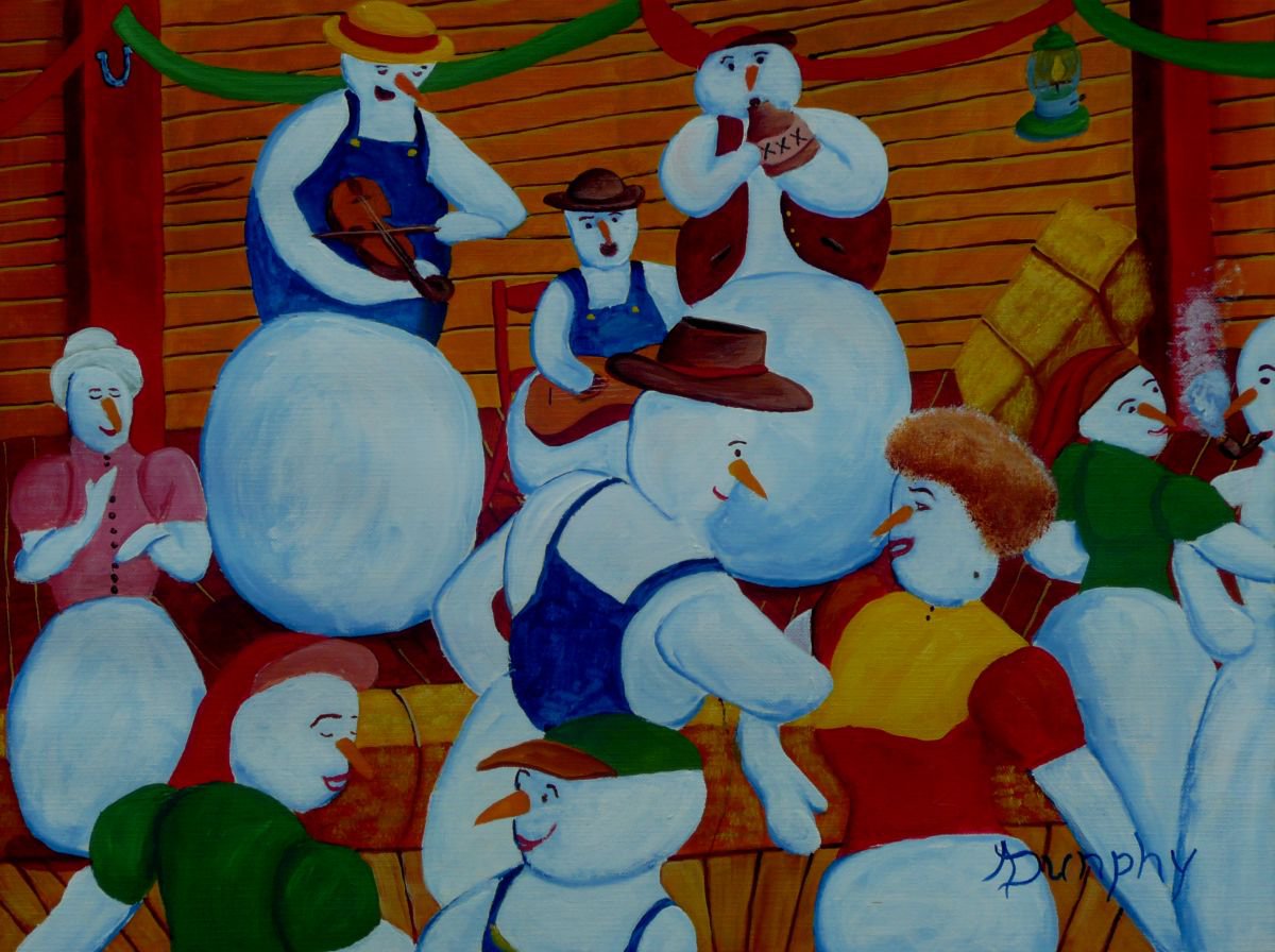 Barn Dancing Snowmen by Dunphy Fine Art