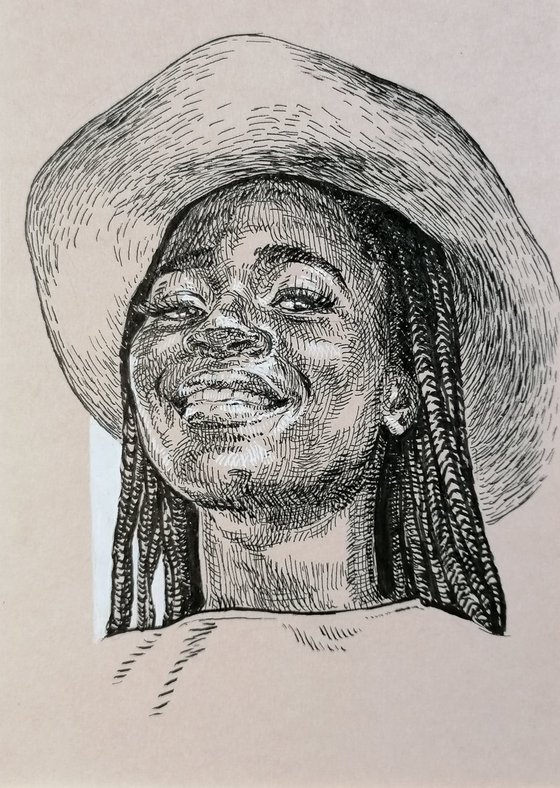 Black woman wearing hat. Ink portrait.