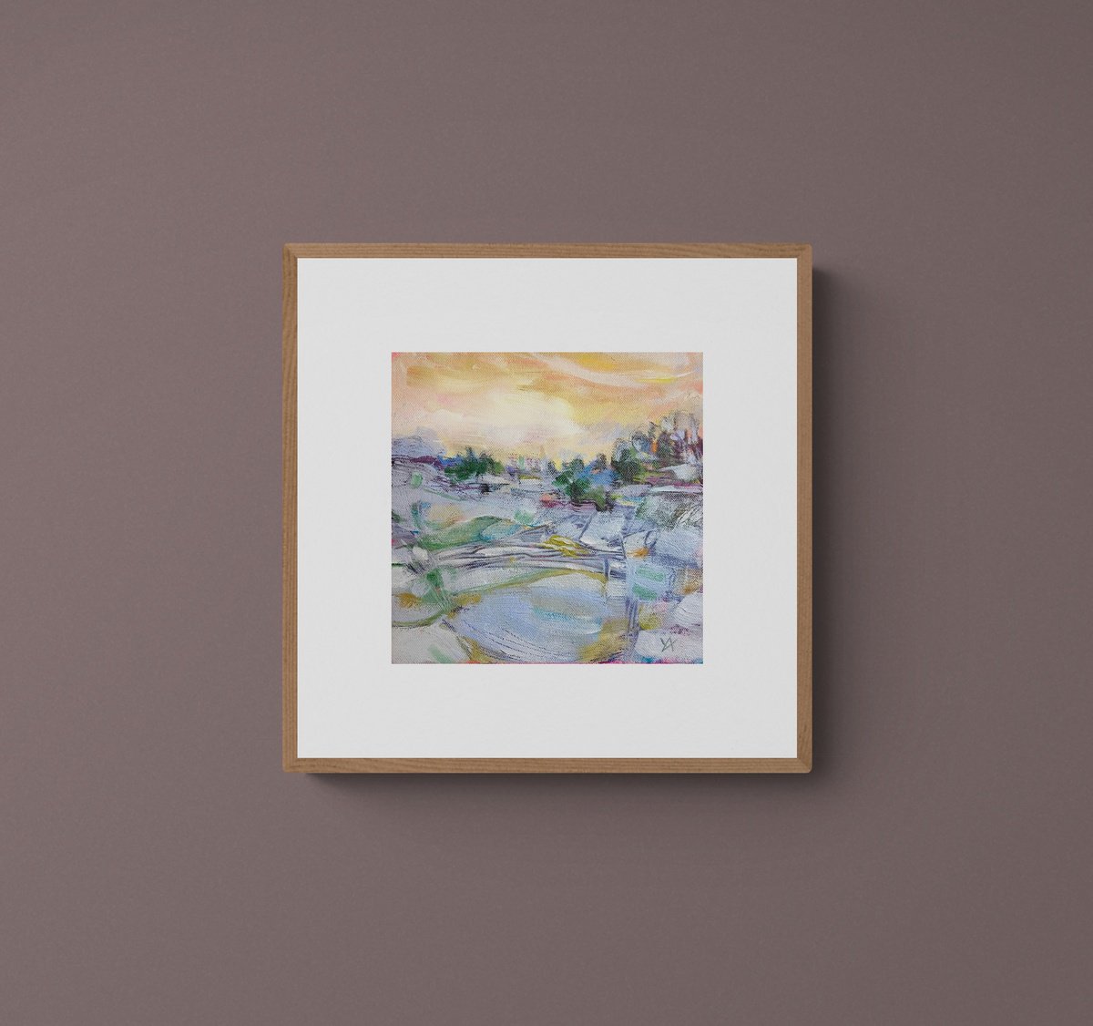 Abstract Landscape Acrylic Painting By Yulia Ani, 12 X 12", Beginnings- Small Square Landscape Painting, Winter, Blue, Yellow, Pastel, Nature, Countryside, Artfinder