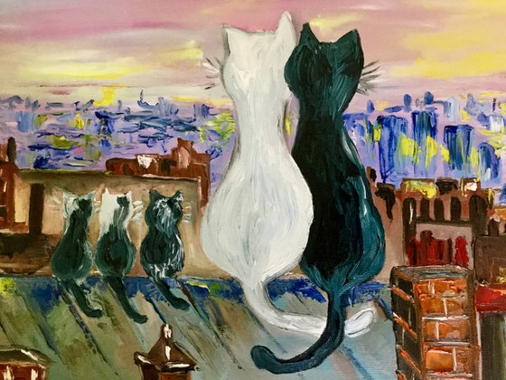 Cats in Paris. Travel to Paris, Parisian roofs , romantic nights, spring time, morning , sunrise