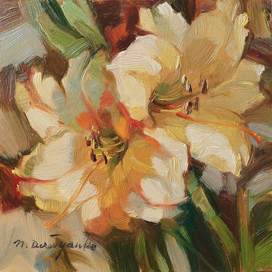 Yellow flowers couple, Oil painting original, Lily flowers art