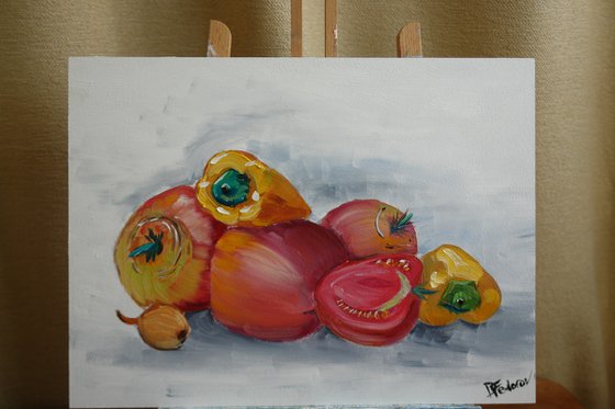 Still life with tomatoes and bell peppers