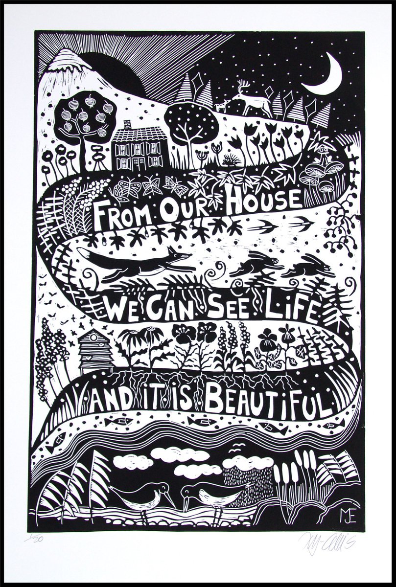 Life is beautiful, XL black and white linocut by Mariann Johansen-Ellis