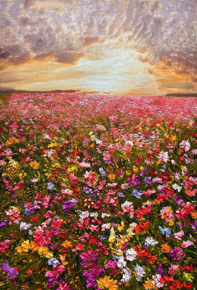 Impressionistic Landscape Oil Painting By Kenneth Halvorsen, 24 X 36", Crocus Meadow, Original Artwork