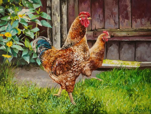 Rooster and chicken, Farmyard Scenery by Natalia Shaykina