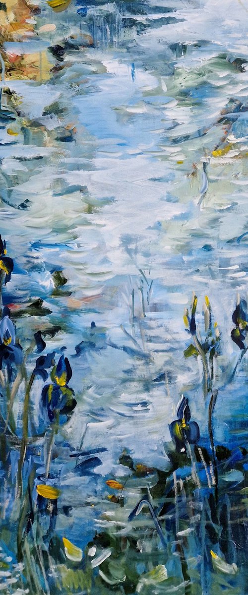 Blue irises at the blue pond by Irina Laube