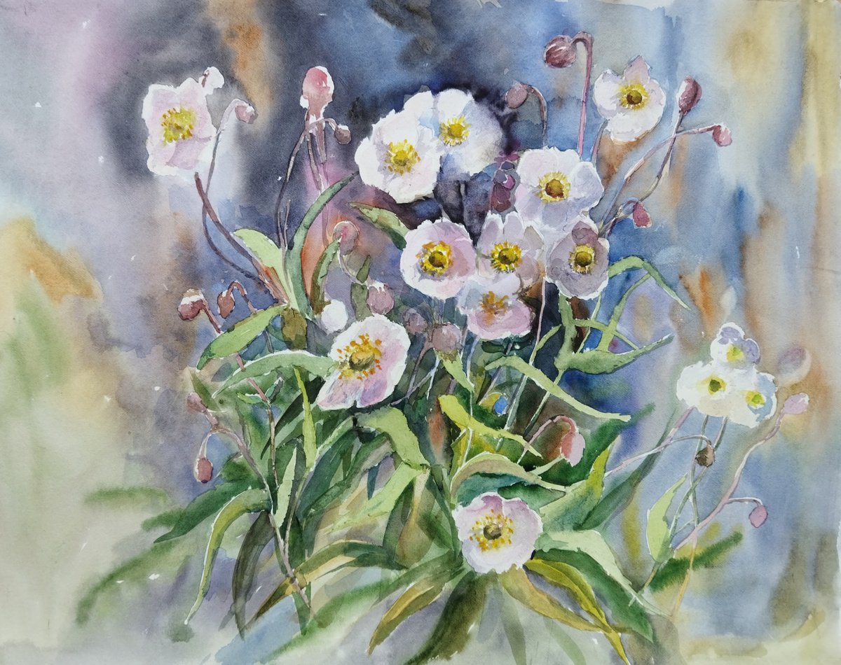 Anemones watercolor painting by Ann Krasikova