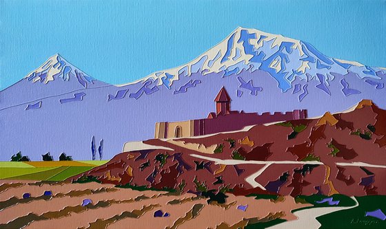 Mount Ararat and Armenian monastery Khor Virap  - | 30x50cm, 2024, Modern, Original style |
