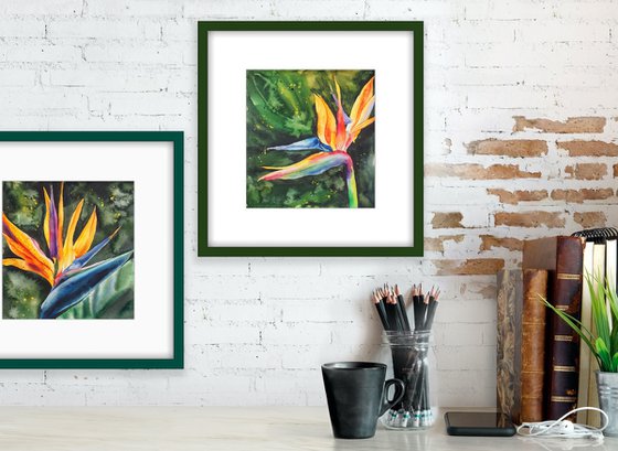 Diptych "Kiss of two strelitzia" tropical flowers bright colors watercolor painting - Gifts for him - Gift for her