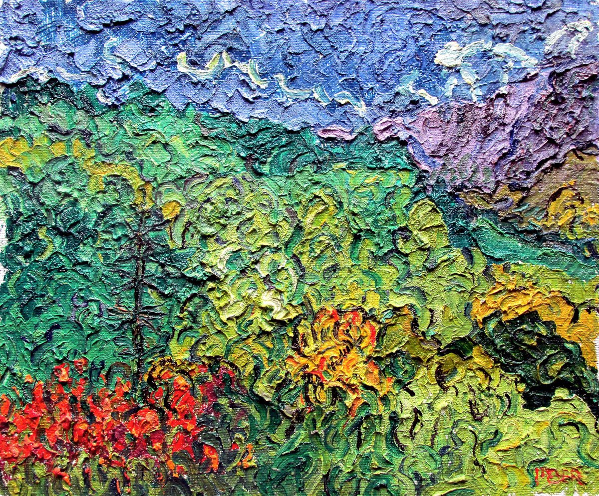 Expressive Landscape Oil Painting By Richard Meyer, 18 X 15", Hillside With Montbretia #1, Original Artwork