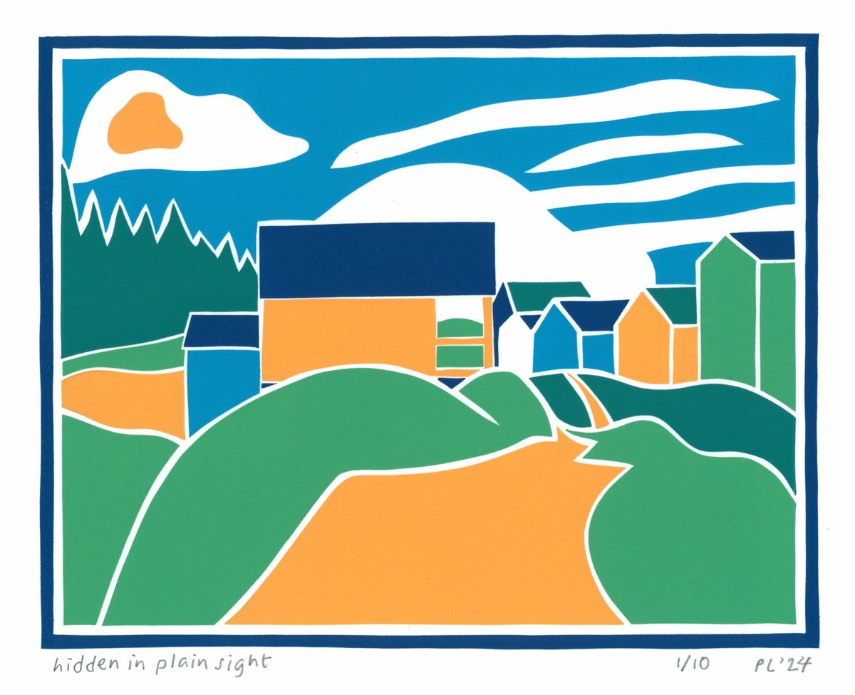 Graphic Landscape Print By Peter Long, 14 X 12", Hidden In Plain Sight, Original Artwork